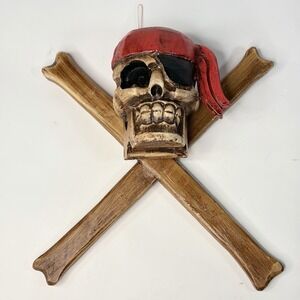 Wooden Pirate Skull and Crossbones Wall Beach House Tiki Bar Pool Decor 12"x12